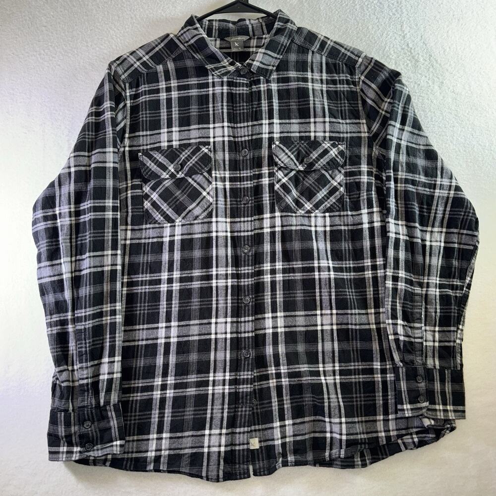 Eddie Bauer Women XL Black White Plaid Flannel Long Sleeve Button- Up Shirt Top